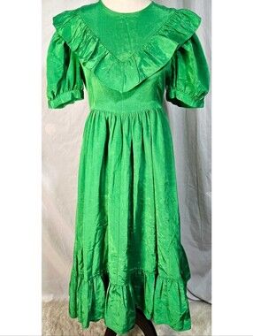Batsheva Midi Dress Green Ruffle A Line Retro 80s 90s Vintage Cottagecore